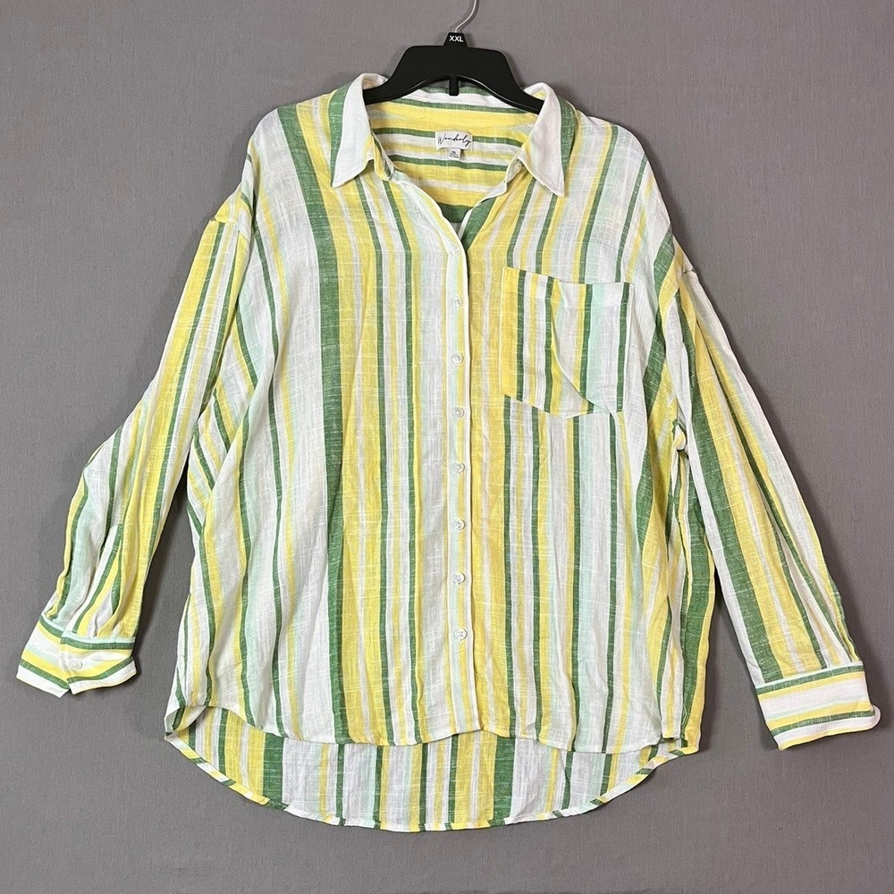 Wonderly Button Down Shirt XL Linen Blend Striped Green Yellow